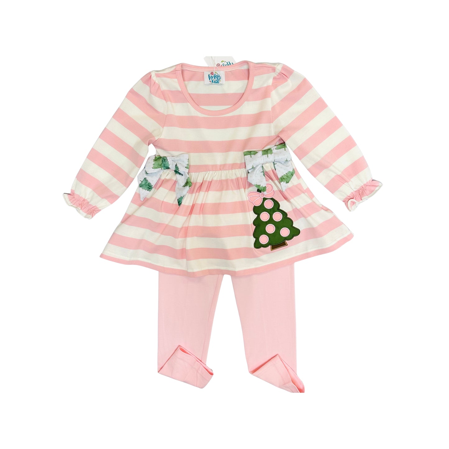 Funfetti Kids Girl Pink Stripe Legging Set with Polka Dot Tree Applique