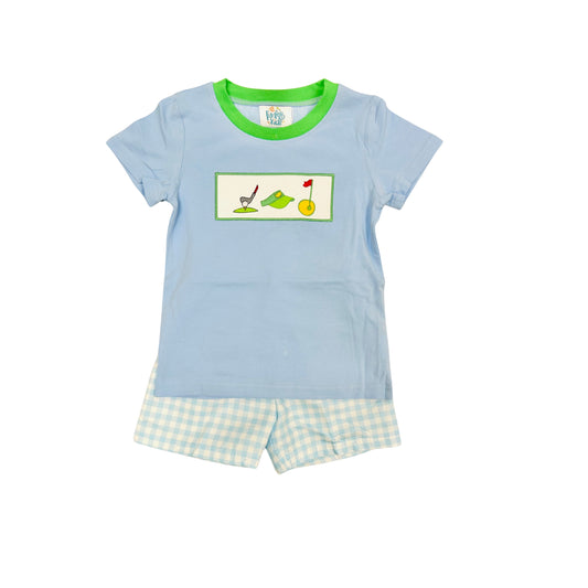 Funfetti Kids Boy Blue Check Golf Applique Short Set