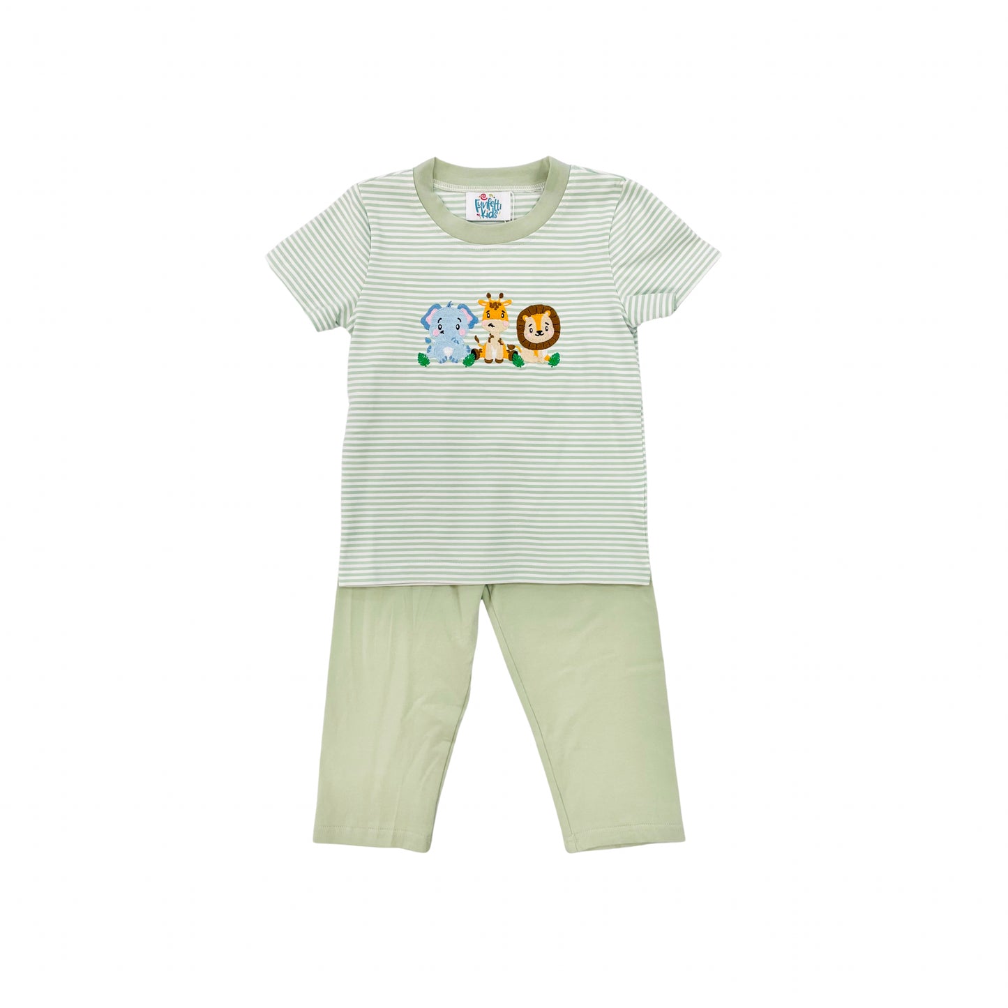 Funfetti Kids Boy Green Stripe Embroidered Animal Pant Set