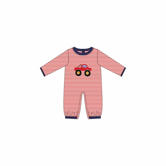 PRE ORDER - Funfetti Kids Red Stripe Monster Truck Applique Romper