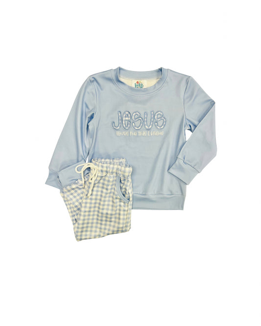 Funfetti Kids Jesus Loves Me This I Know Gingham Applique Jogger Set