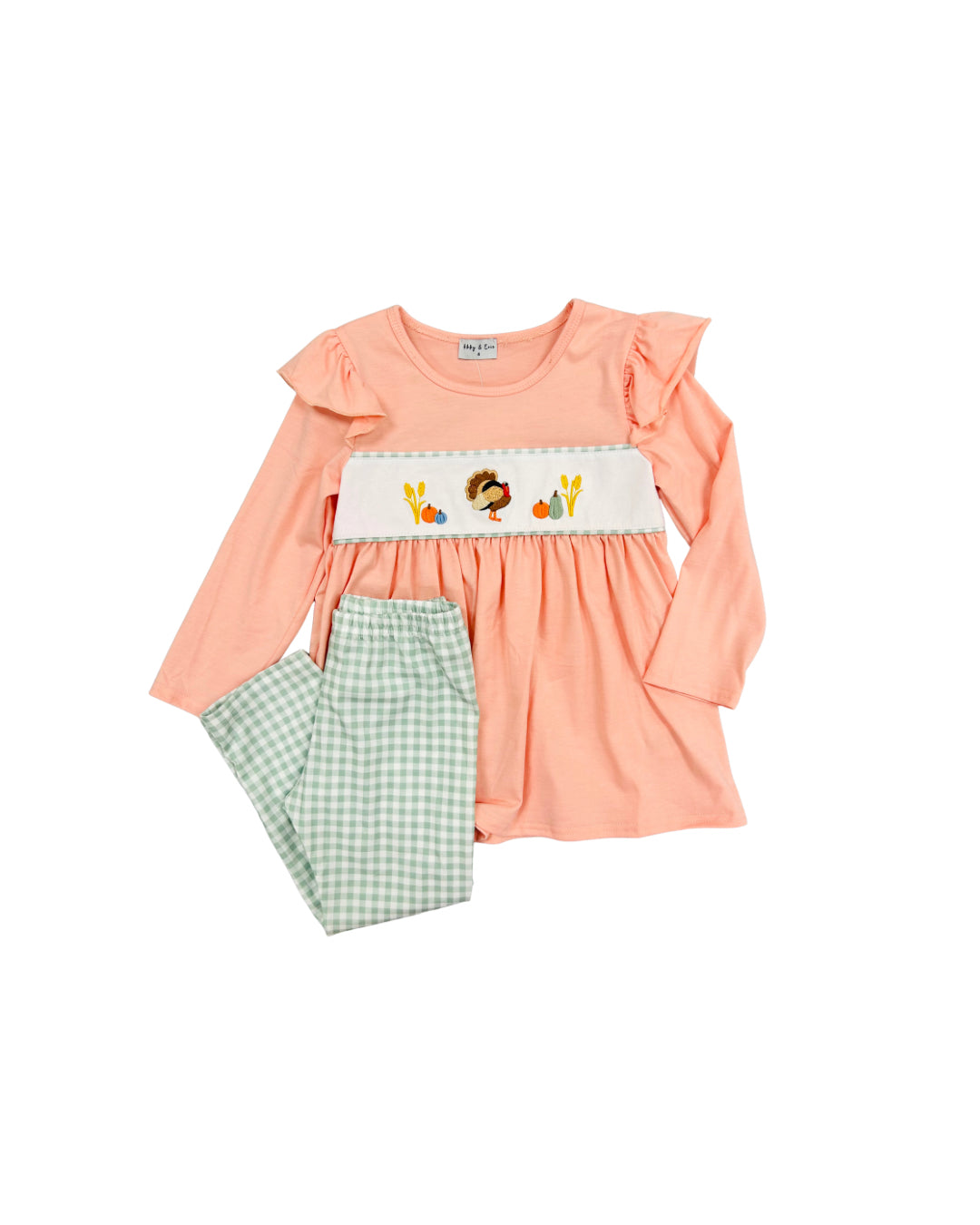 Peach/Sage Gingham Turkey Embroidered Ruffle Legging Set