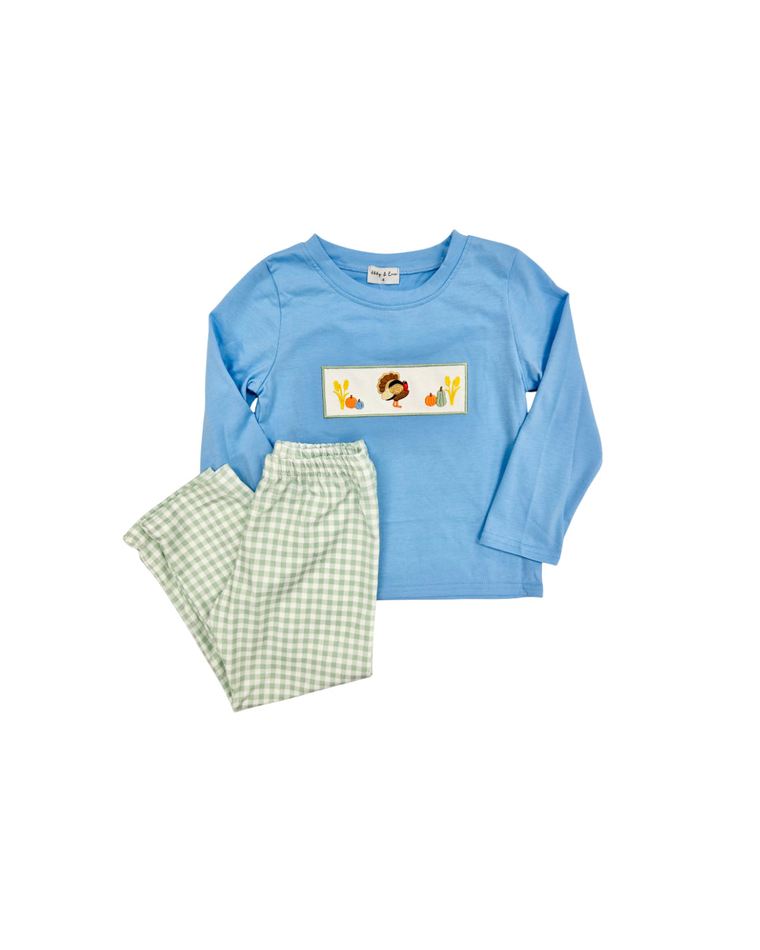 Blue/Sage Gingham Turkey Embroidered Pant Set