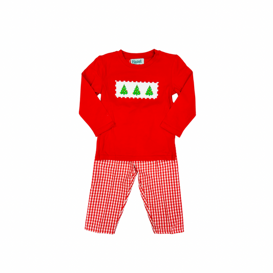 Hazel Blue Red Gingham Christmas Tree Pant Set