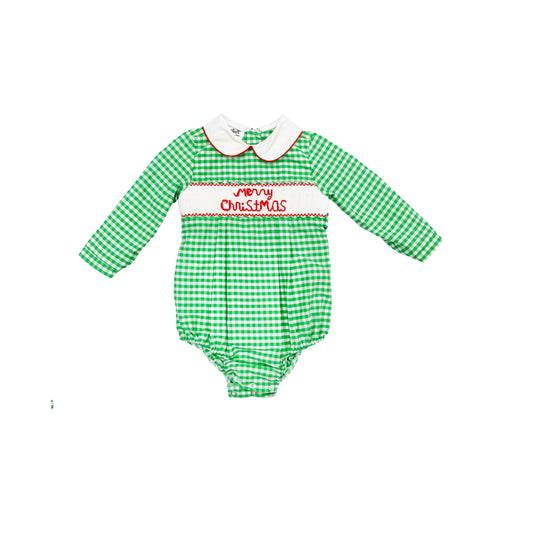 Elizabeth Ann Boy Hand Smocked Green Check Merry Christmas Bubble