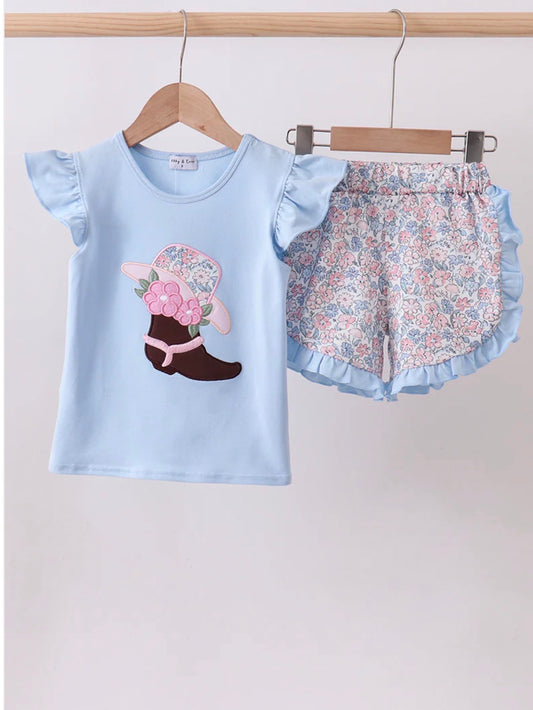 Floral/Cowboy Boot Applique Ruffle Short Set