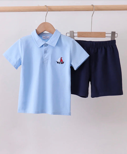 Embroidered Sailboat Short Set