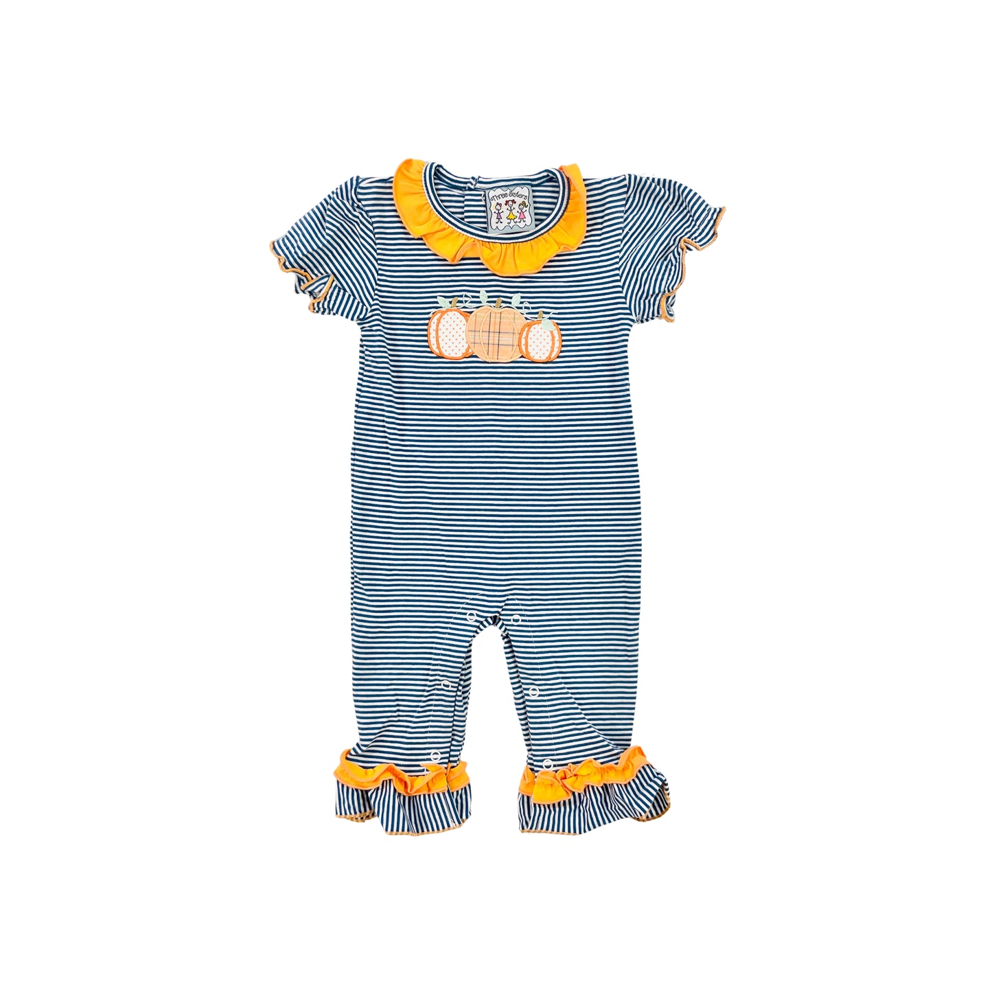 Three Sisters Girl Ruffle Romper with Pumpkin Applique