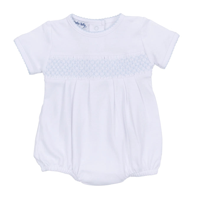 Magnolia Baby White/Blue Smocked Bubble