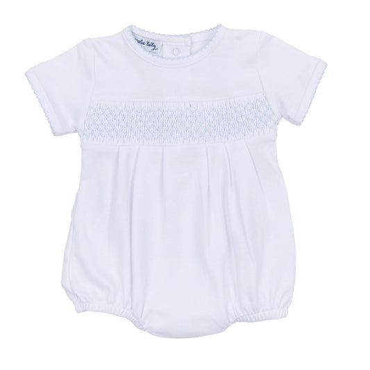 Magnolia Baby White/Blue Smocked Bubble